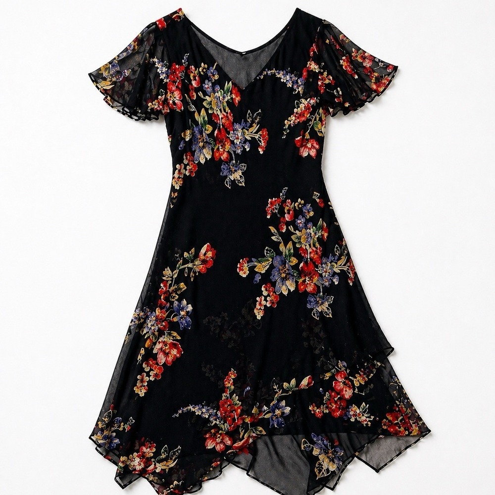 Eva Blue Y2K Black Biased Cut Beaded Asymmetrical Hanky Hem 10 Fairy Whimsigoth